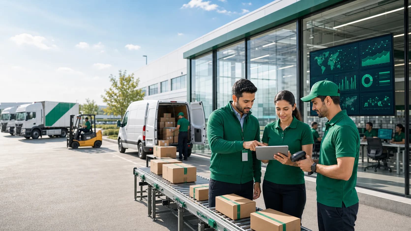 Makzom operations team reviewing AI logistics intelligence at a bright distribution center